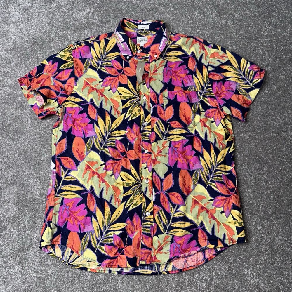 J. CREW 100% LINEN Men Slim L Floral Tropical‎ Classic Hawaiian Camp Shirt NWT